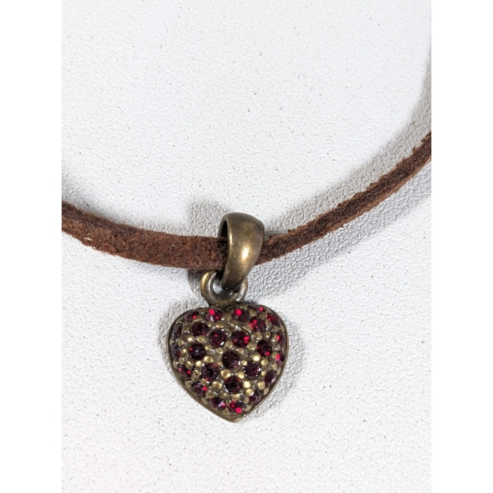 Liz Claiborne Villager Red Crystal Heart Charm Brown Cord Necklace 18"‎